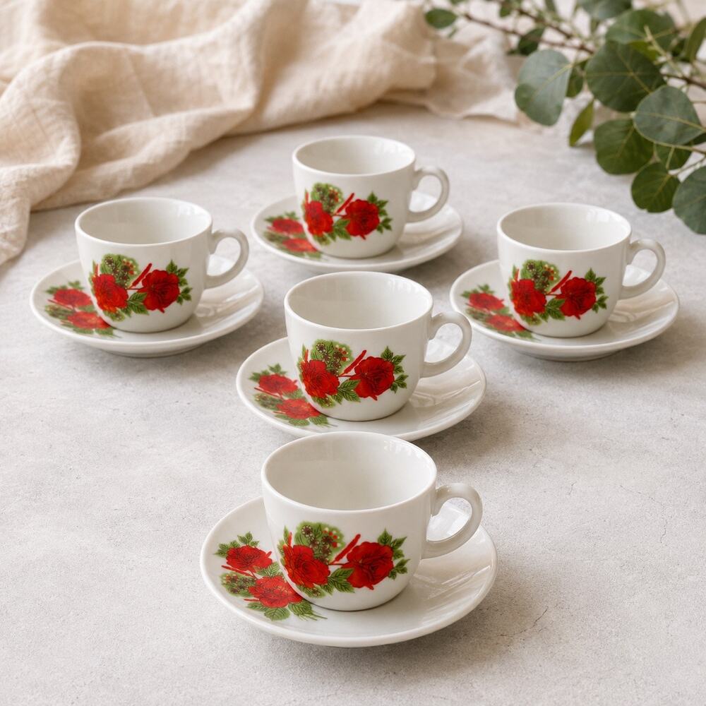 Vintage Red Rose Demitasse Espresso Cups Saucers Set of 6 New Old Stock